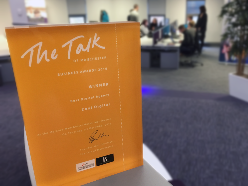 Zool's Best Digital Agency Award from the Talk of Manchester Business Awards