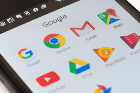 mobile phone screen showing icons for google, chrome, gmail, maps, youtube, drive, play music and play