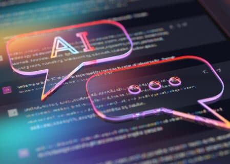 Vibrant AI chat bubble graphic with binary code and circuit patterns, representing the integration of AI in digital marketing strategies.