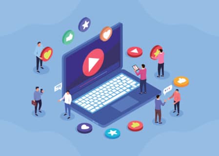 Illustration of diverse people interacting with social media icons around a large laptop displaying a play button, symbolizing active engagement with video marketing content.