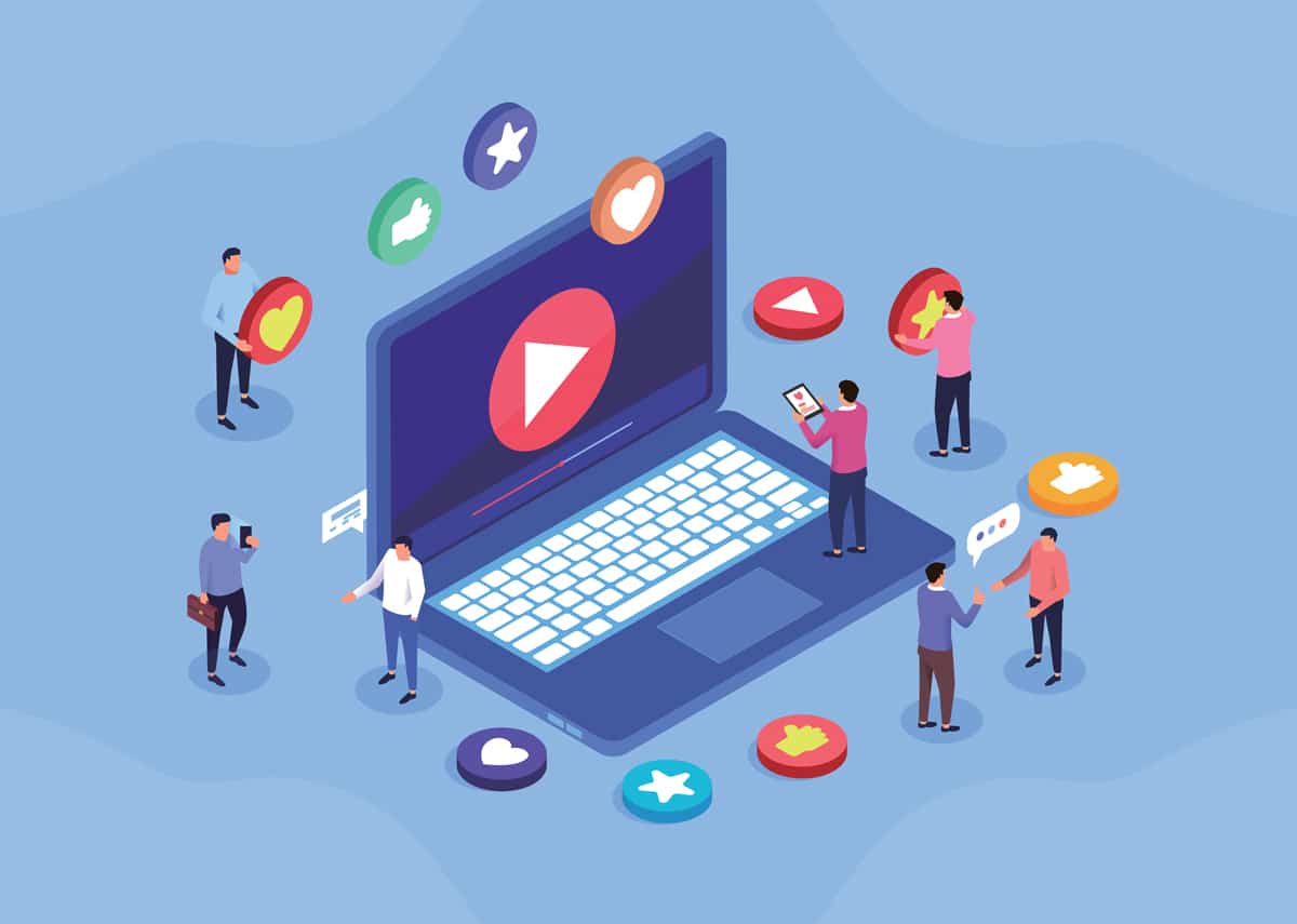 Illustration of diverse people interacting with social media icons around a large laptop displaying a play button, symbolizing active engagement with video marketing content.