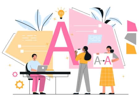 Illustration of three people working on a rebranding project with large letters, design elements, and a laptop, symbolizing the process and importance of rebranding for businesses.