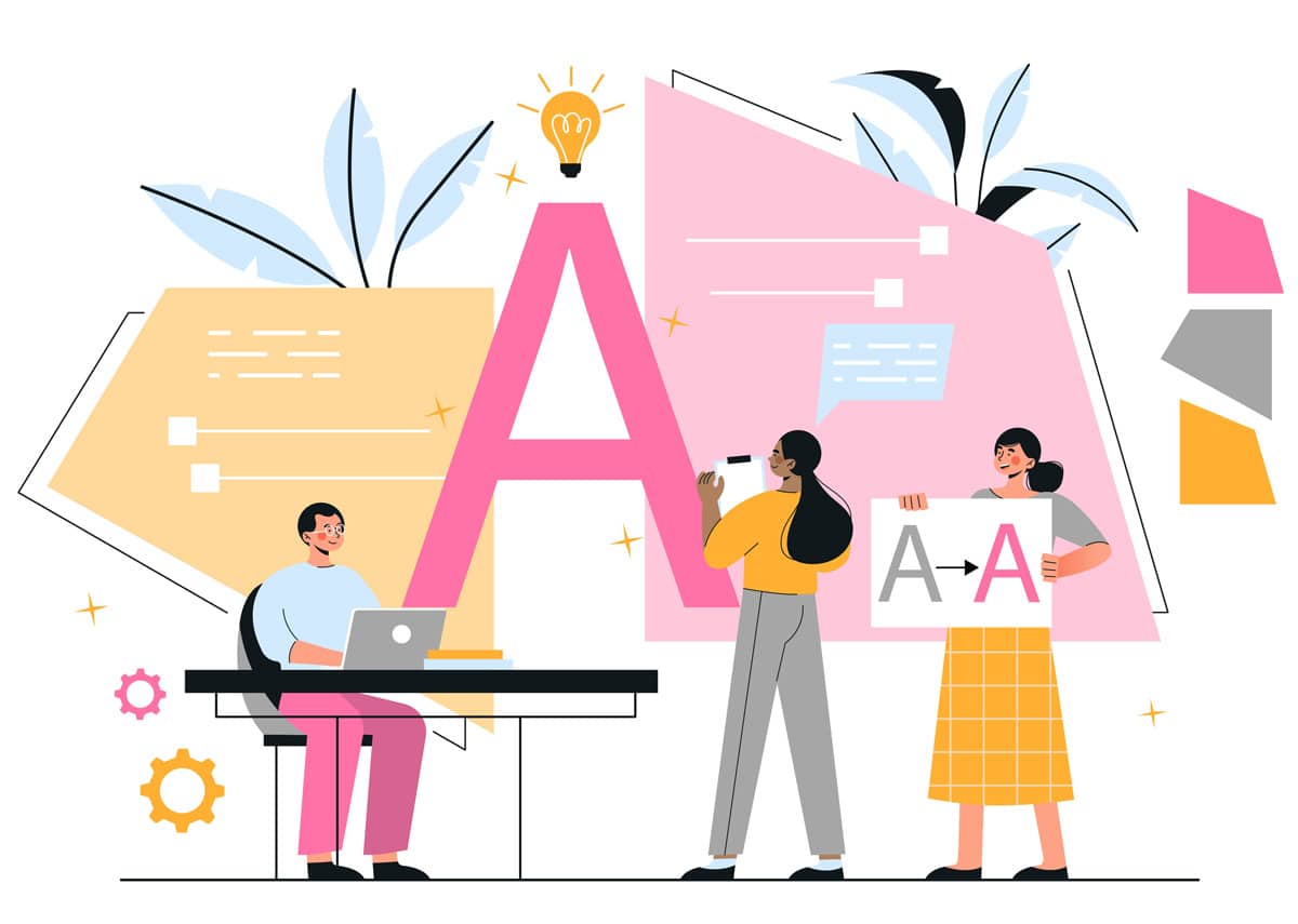 Illustration of three people working on a rebranding project with large letters, design elements, and a laptop, symbolizing the process and importance of rebranding for businesses.