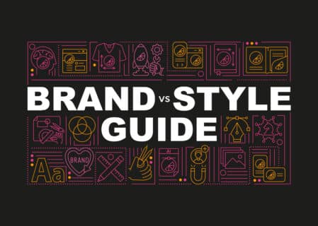 Bold text reading 'Brand vs. Style Guide' with illustrated icons representing branding elements like logos, fonts, and design tools in pink and yellow on a black background.