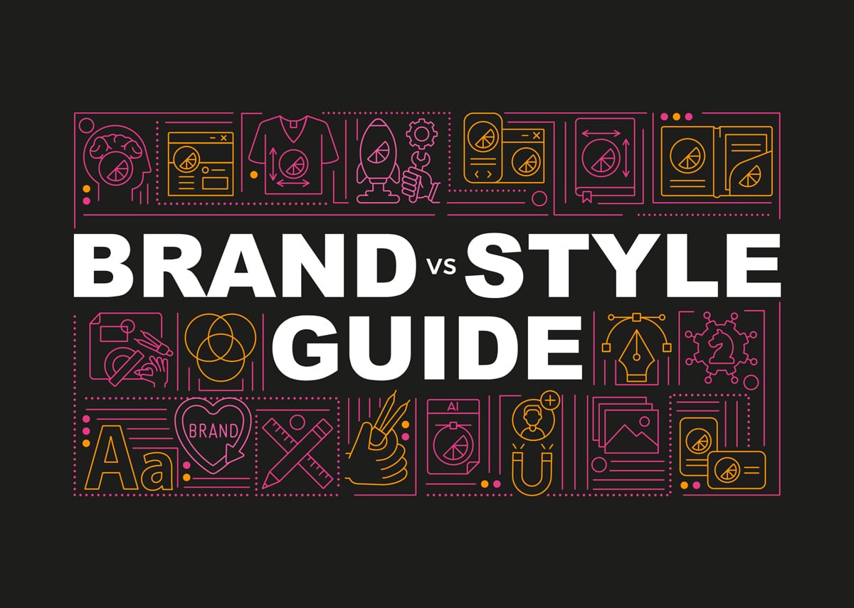 Bold text reading 'Brand vs. Style Guide' with illustrated icons representing branding elements like logos, fonts, and design tools in pink and yellow on a black background.