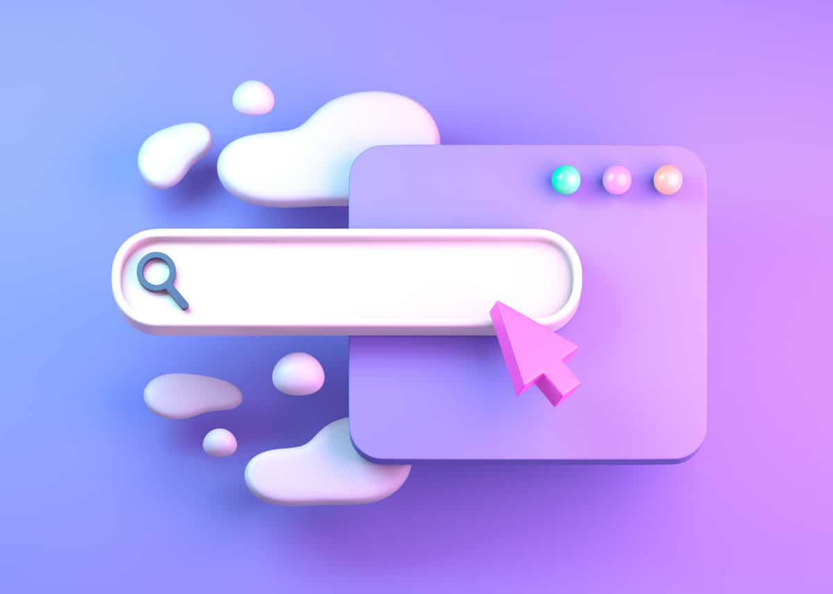 3D search bar and browser window with a magnifying glass icon and pink cursor on a purple gradient background, symbolizing website navigation or search.