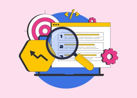 Illustration of a magnifying glass analysing a web page with search rankings, a target symbol, upward graph arrow, and gears representing SEO, indexing, and ranking optimisation.