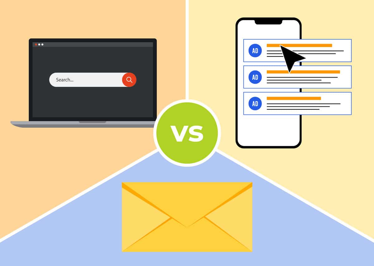 Illustration comparing digital marketing channels: a laptop with a search bar for SEO, a smartphone displaying PPC ads, and a yellow envelope representing email marketing, with a green “VS” symbol at the center.
