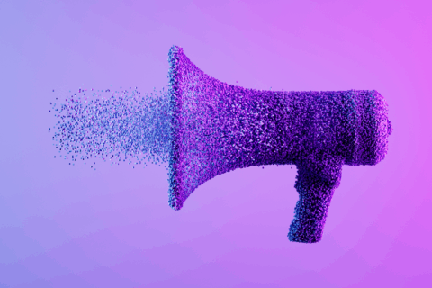 Abstract 3D megaphone made of purple and blue particles dispersing into space, symbolising communication, amplification, and science branding.