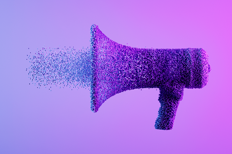 Abstract 3D megaphone made of purple and blue particles dispersing into space, symbolising communication, amplification, and science branding.