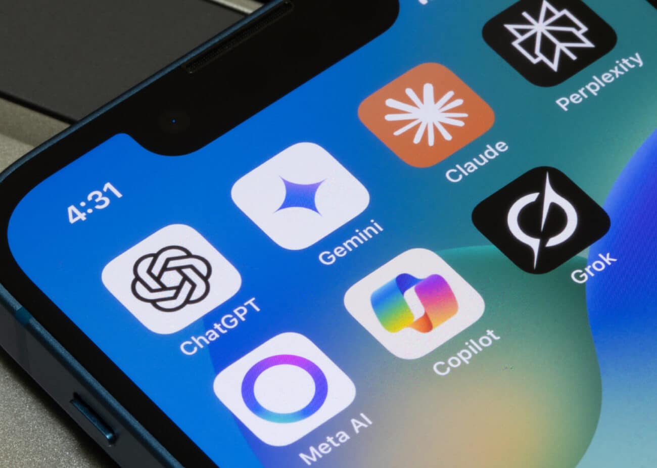 A smartphone screen showing AI tools like ChatGPT, Gemini, Claude, and Copilot used for search and research