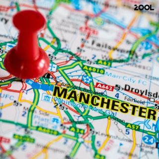 Red map pin marking Manchester on a road map, representing North West innovation visibility.